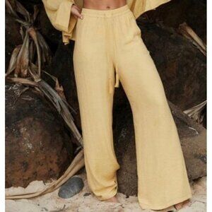 Monday Swimwear Tahiti 100% Linen Butter Yellow Tassel Tie Wide Leg Pants Size M